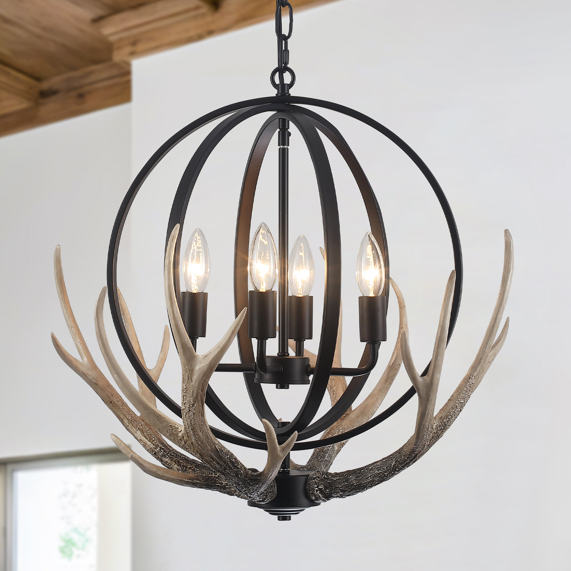 Union Rustic 4 - Light 20.4'' Dimmable Rustic Farmhouse Chandelier With Resin 4 - Antlers And Retro Metal Globe Shade & Reviews | Wayfair