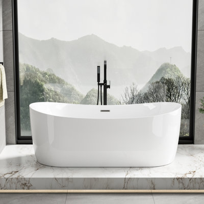 72"W x 34"D Freestanding Acrylic Air Bubble Massage Bathtub with Built-In Heater, Pop-Up Drain, Groove Overflow,White