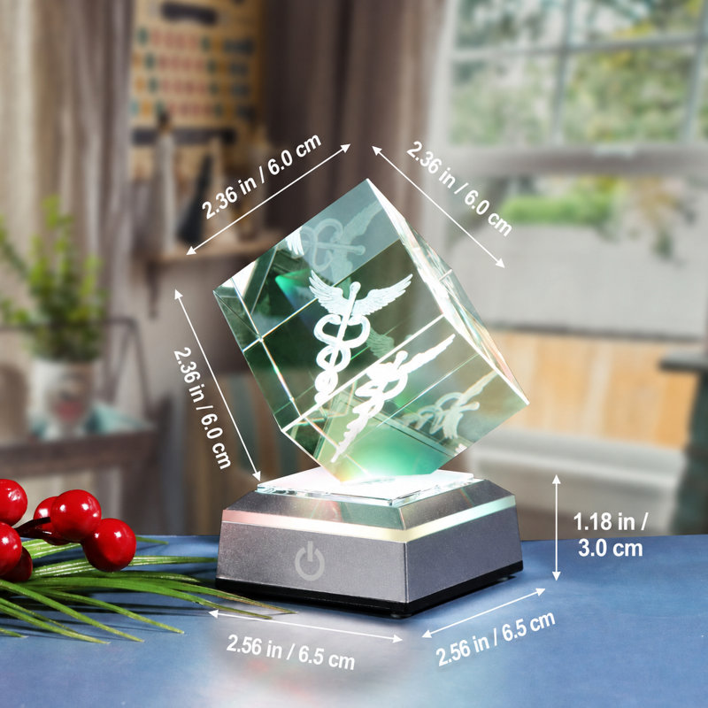3D Engraved Caduceus Crystal Figurine with Color-Changing LED Light Base