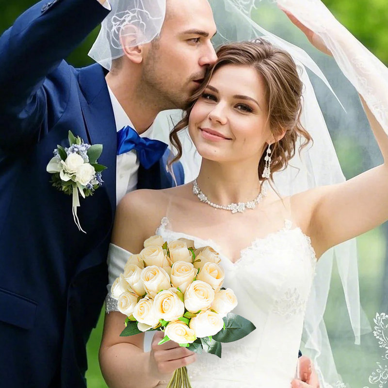 18 têtes / bouquet de fleurs artificielles en soie artificielle pour mariage, Champagne