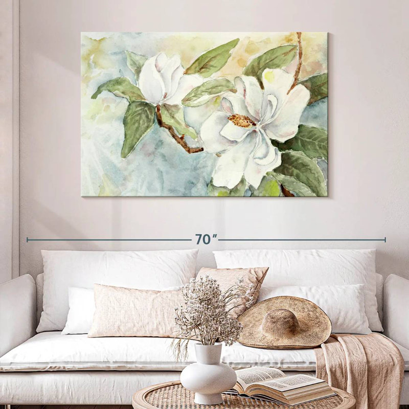 Branche de magnolia Harnek, aquarelle blanche, H 32 po x l 48 po