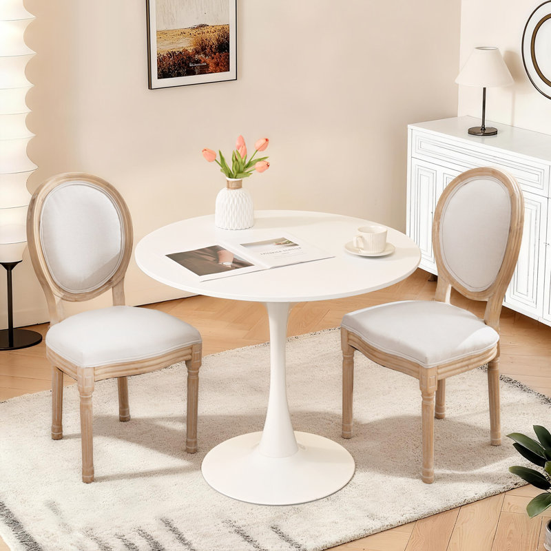 31.5" Tulip Round Dining Table And 2 Round-backed Dining Chairs Set, White, Beige