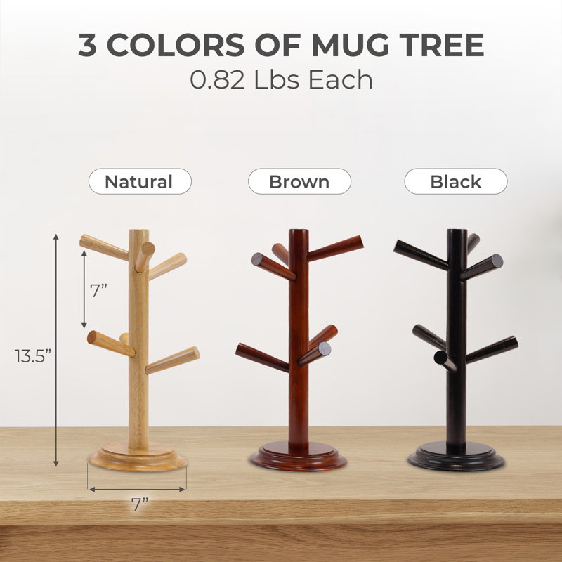 Mug Tree Set of 2 | 13.5"x7"x7", 6 Hooks Cup Holder with Thick Rubberwood Base, Wooden Coffee Mug Holder Stand for Countertop, Kitchen Table, Cup Organizer Rack for Mugs or Utensils