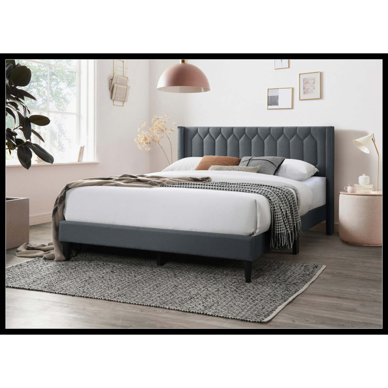 Fabric Bed with Tufted Headboard, Charcoal, Full