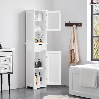 Grande armoire de rangement pour salle de bain de 67 po de hauteur, armoire de plancher en bois avec porte vitrée, rangement autoportant avec tablettes réglables, 1 tiroir et rangement ouvert pour la salle de bain, la cuisine et le salon