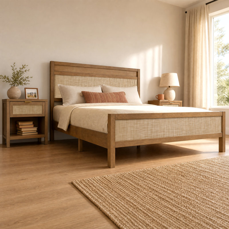 Ensemble de chambre bohème en rotin, 3 Pcs: Bed, 2 Nightstands