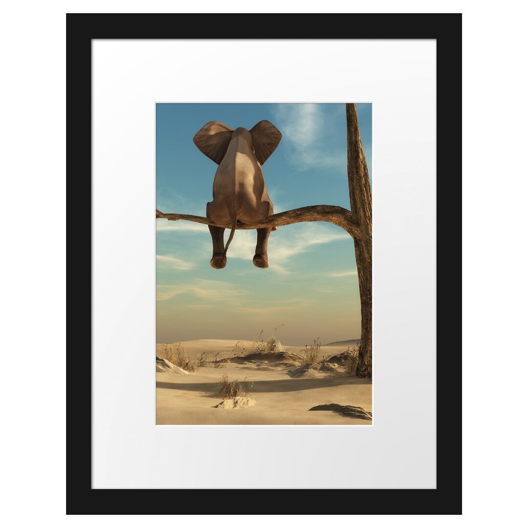 Gerahmtes Poster Elefant auf einem Ast in der Wüste