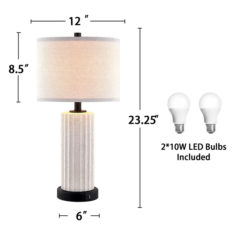 23" Ceramics Dimmable Table Lamp Set with Touch Control, USB Ports and Bulbs