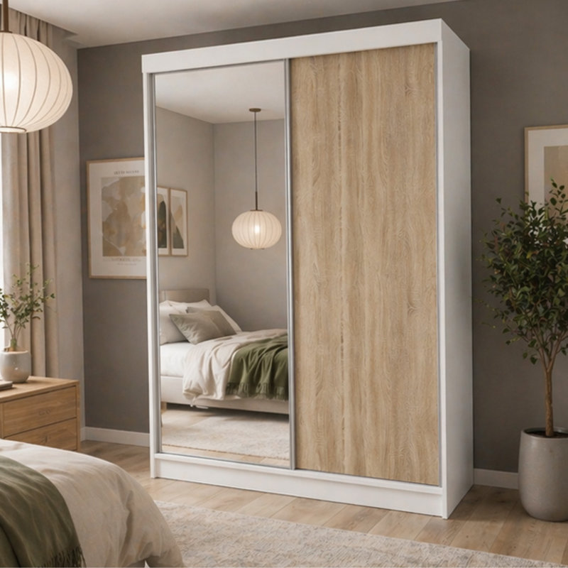 Modern 2 Door Sliding Wardrobe, White/Natural