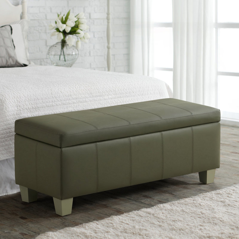 41" Wide Faux Leather Upholstered Storage Bench, Green, 15.5" H x 41" W x 16.3" D