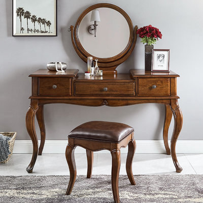 39.37"American-style brown solid wood dressing table with a mirror