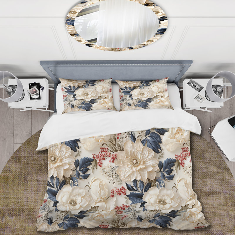 Ensemble de housse de couette Cream Delicate Poppies Flowers II, Housse de couette pour très grand lit et 2 très