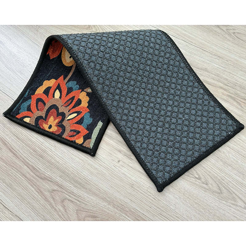 Tapis d'escalier taille basse sur mesure à motif floral noir sur mesure, Rectangle 26 po x 10,5 po, 7 pièces incluses