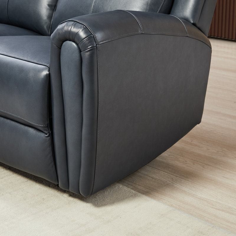 82''Wide Genuine Leather Power Reclining Sofa With Drop Down Table And 2 Cup Holders, Blue