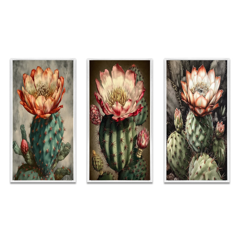 Ensemble de 3 fleurs de cactus en fleurs, Cadre flottant blanc, H 40 po x l 60 po