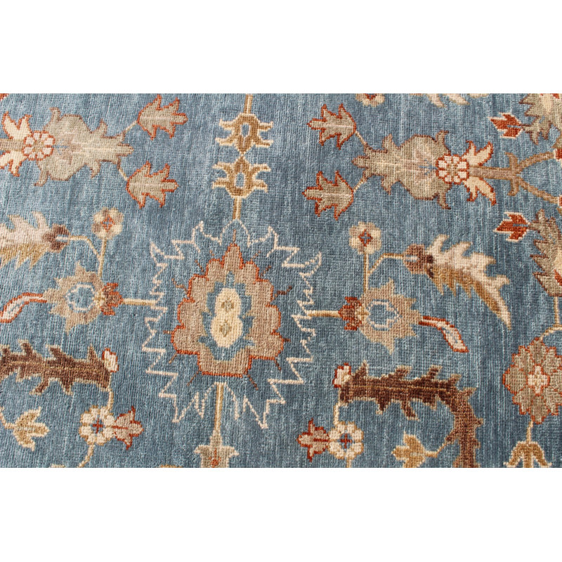 Tapis bleu et beige en laine noué à la main Oushak - motif floral traditionnel d'inspiration persane avec des détails de rouille pour le salon et la chambre à coucher