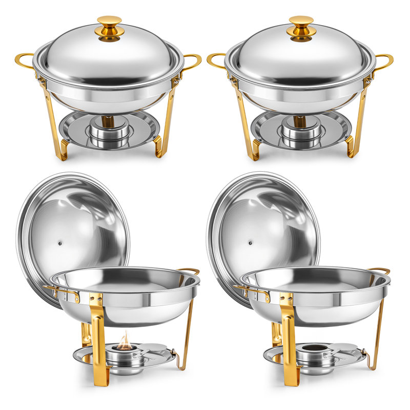 4 Pack 5 Qt. Round Chafing Dish Set with Foldable Frames & Lid Holders