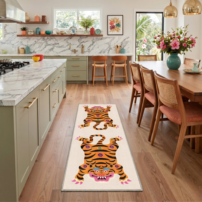 Verdant Animal Print Machine Washable Orange / Black / Beige Indoor Area Rug with Non-Slip Backing, Runner 2' x 7'