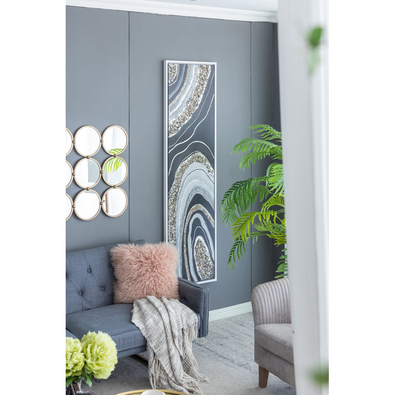 Oeuvre encadrée rectangulaire allongée avec cadre argent texturé et cristaux intégrés, pièce décorative rustique pour le salon ou le mur d'une galerie