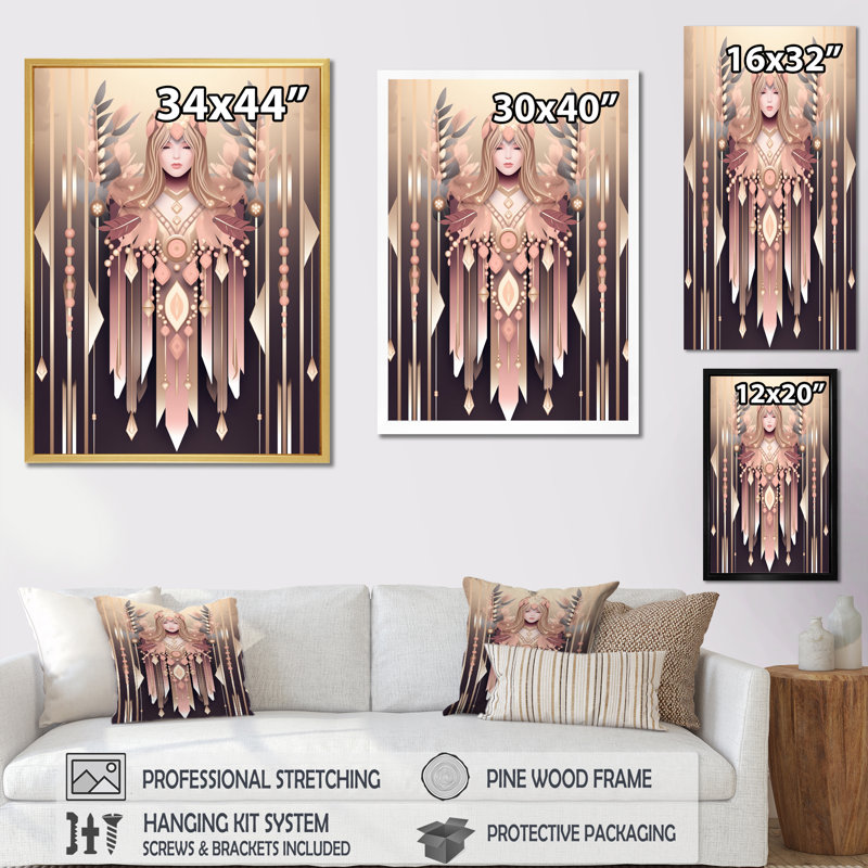 Elegant Art Nouveau Queen In Retro Pink Pastel - Modern Geometric Canvas Wall Art, H 32 po x l 24 po, Cadre simple noir