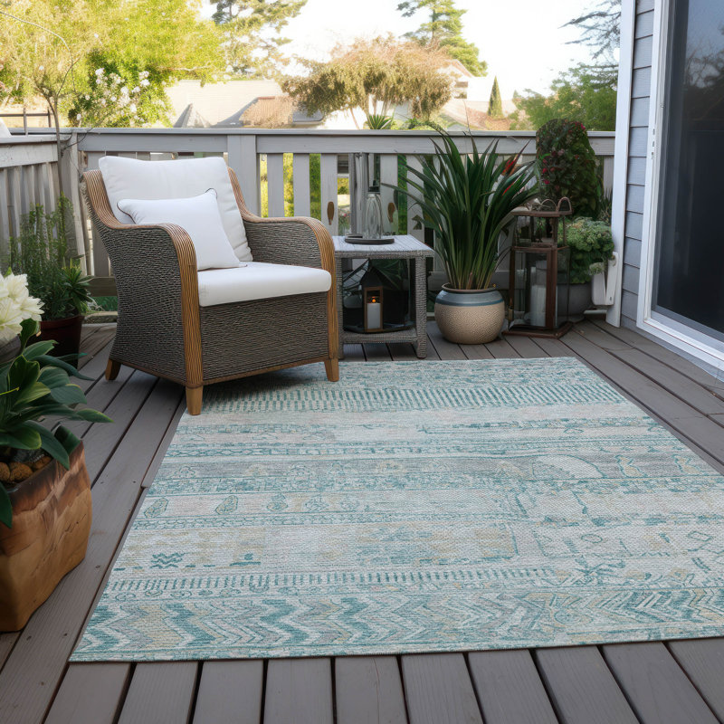 Tapis bleu sarcelle lavable à la machine intérieur / extérieur Xhevrie, Rectangle 2 pi 6 po x 3 pi 10 po