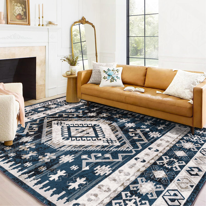 Area Rug Vintage Bohemia Large Persian Non-Slip Washable Rug For Living Room Kitchen Bedroom Living Room Geometry Blue/Black