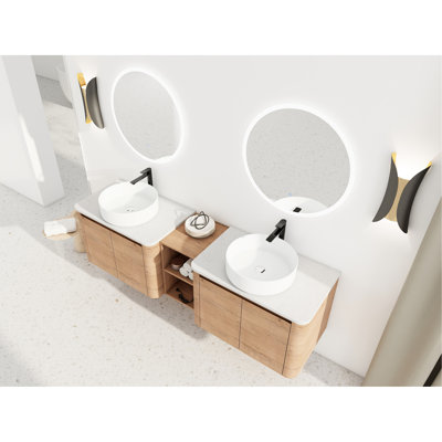 Meuble-lavabo mural 72 po avec lavabo d'art en céramique, 1 tablette de rangement, 4 portes à fermeture douce, rangement Kd, meuble-lavabo contemporain en contreplaqué, dalle de pierre, conception peu encombrante
