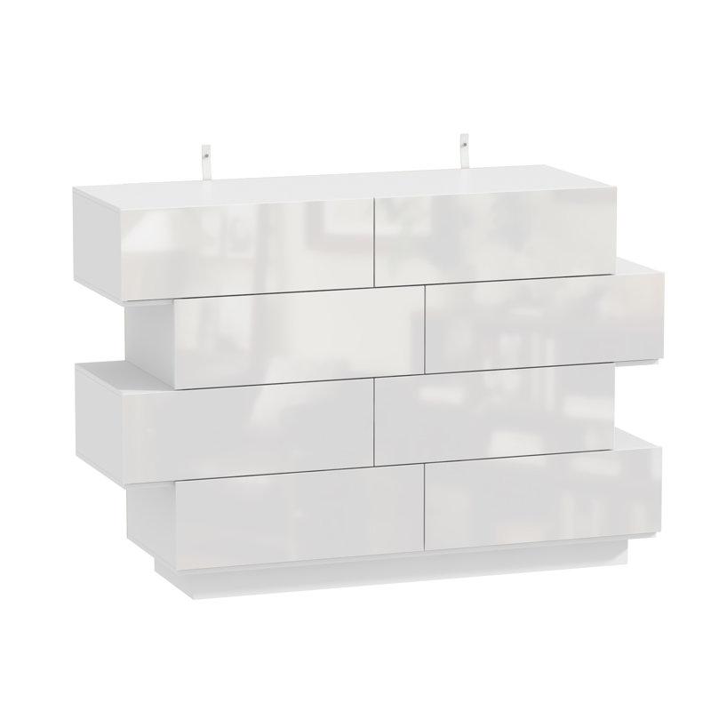 Commode double 8 tiroirs avec surface ultrabrillante, Blanc