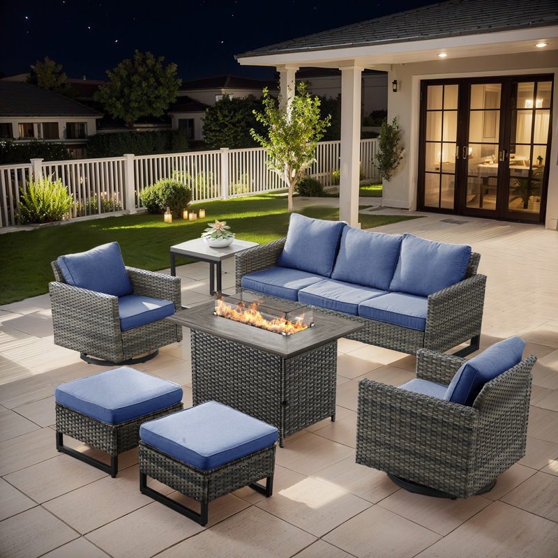 Naresa 7-Piece Outdoor Sofa Set, Wicker Patio Furniture Set With Fire Pit Table, All-Weather PE Wicker