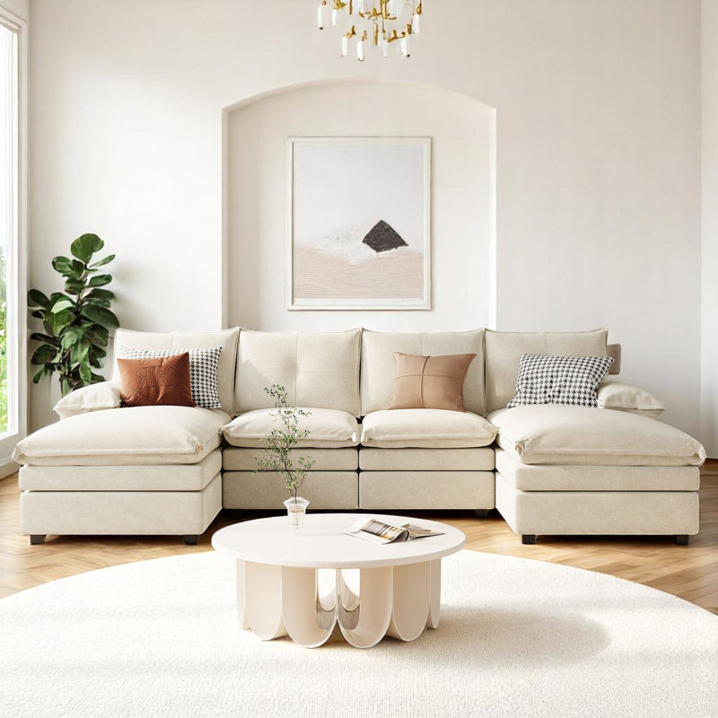 Canapé modulaire en U rembourré 3 pièces avec coussins de siège et de dossier épais, Beige