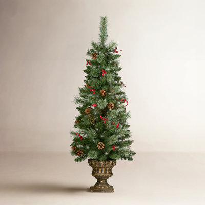 Pair of 4' Potted Spruce Trees, 24 inch Classic Christmas Wreath, and Set of Two 9' Pre-Lit Garland