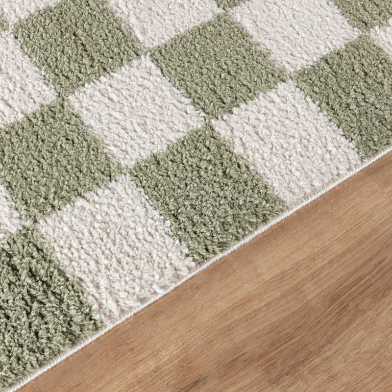 Green Modern Shaggy Washable Rug, Chequered Anti-Slip Rug For Living Room, Dining Room, Bedroom, Kitchen