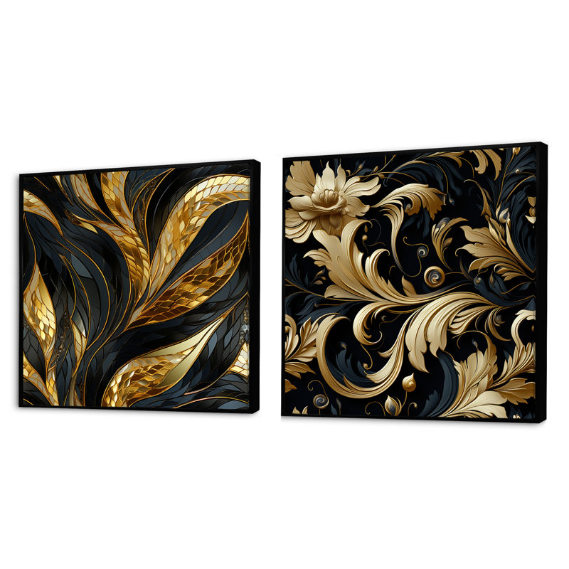 Heathfield - Ensemble de 2 collages carrés botaniques abstraits, Cadre flottant noir, H 36 po x l 73 po