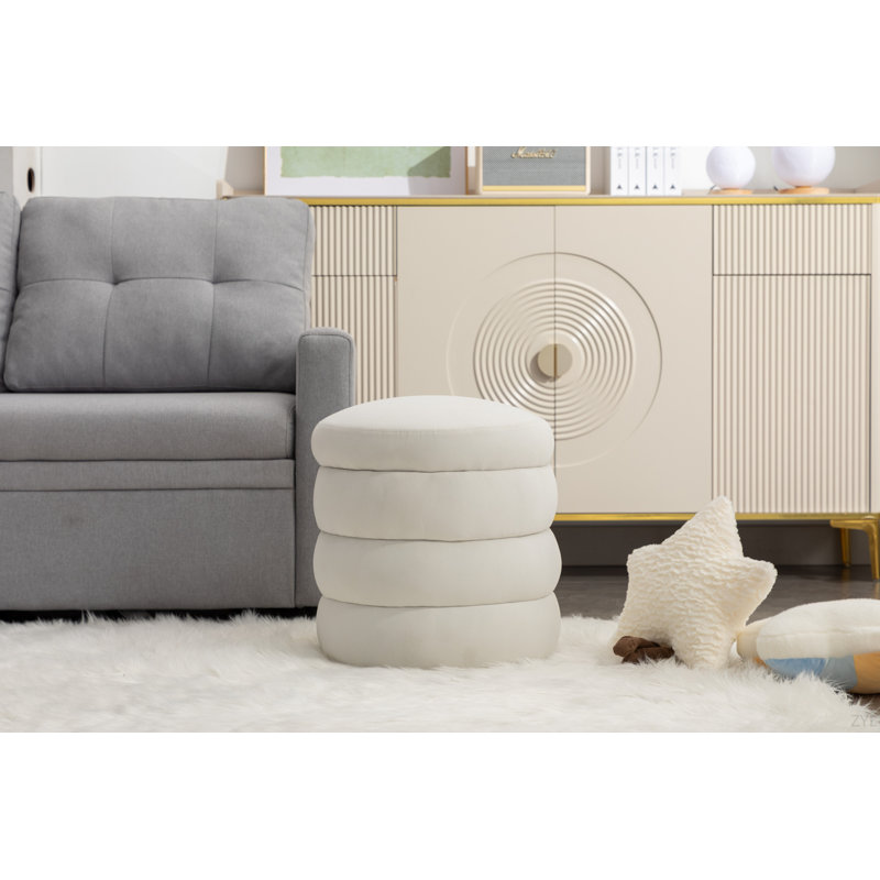 006-Tabouret de repose-pieds rond en velours doux, Crème, crème