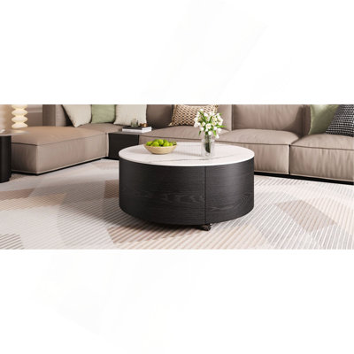 Table basse ronde moderne mobile avec roulettes, 2 tiroirs, plateau en pierre frittée à motif marbré, 29,5 po