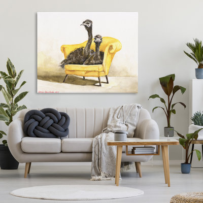 Drôles d'autruches sur toile jaune, par George Dyachenko