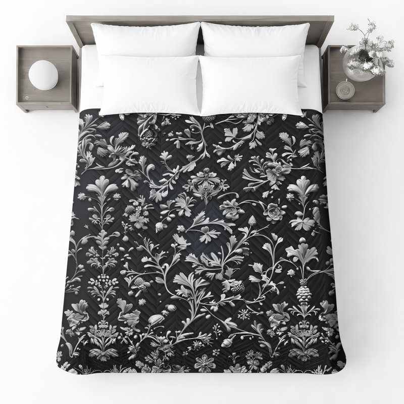 Couvre-lit matelassé à motif floral noir et blanc toutes tailles, Full / Double