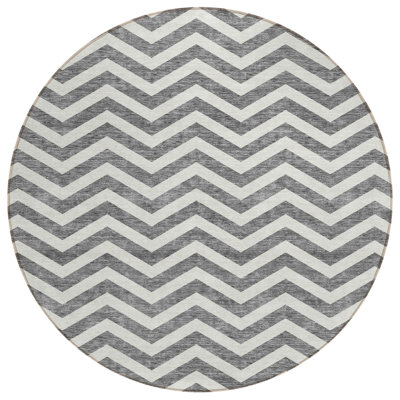 HomeRoots 8' Gray And Ivory Round Chevron Washable Indoor Outdoor Area Rug