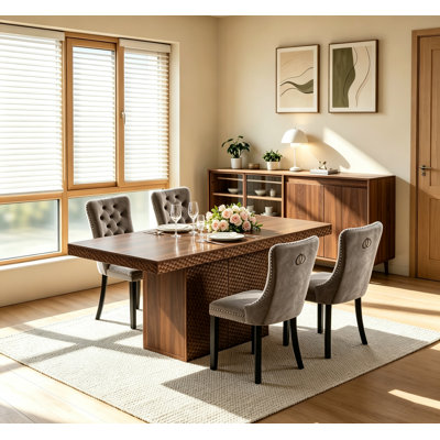 68.11" Dining Table Set, Rustic Kitchen Table with Storage Cabinet Door, Dining Room Table and Tufted Velvet Dining Chairs Set for Home Office