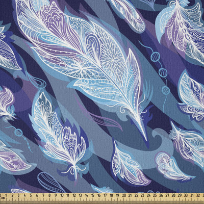 Tissu indigo à la verge, motif cachemire avec plumes et imprimé floral ondulé, tissu en microfibre pour textiles et décors artisanaux, 2 verges, bleu pâle et bleu marine