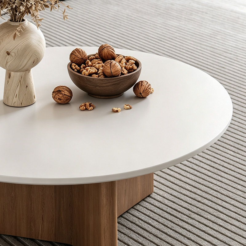 Table basse simple ronde décontractée en ardoise, 14.96" H x 27.55" W x 27.55" D, Flat, Plateau blanc / base brun noisette