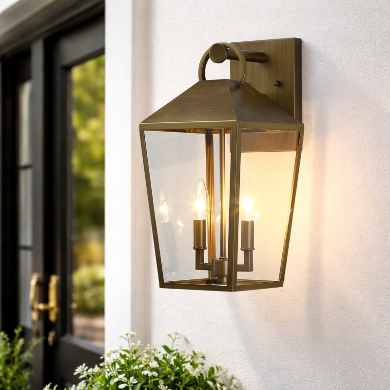 17 po Lanterne murale d'extérieur 2 lumières en laiton brossé, Laiton brossé