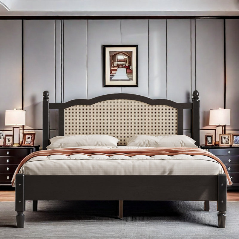 Bohemian Wooden Platform Bed With Natural Rattan Headboard And Arc Design, Black, Queen