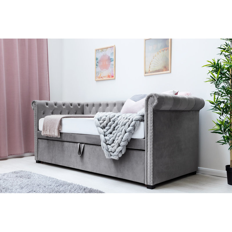 Kaeden Upholstered Daybed with Trundle, 23cm Single Sprung + 12cm Memory Foam Mattress