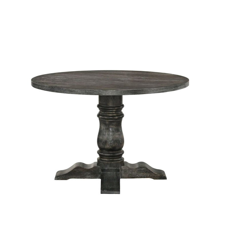 Table de salle à manger ronde au fini gris patiné, piédestal simple avec colonne Empire de 14 po, plateau en bois noué fixe en placage de chêne, 47 po x 47 po x 36 po, 99 lb, esthétique complémentaire aux plans, profondeur 47 po, largeur,