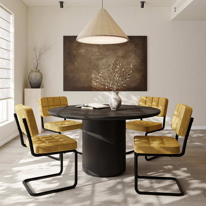 Mid-century Modern Velvet Cantilever Dining Chairs, Upholstered Kitchen & Dining Room Chairs Set Of 4, Plaid Yellow