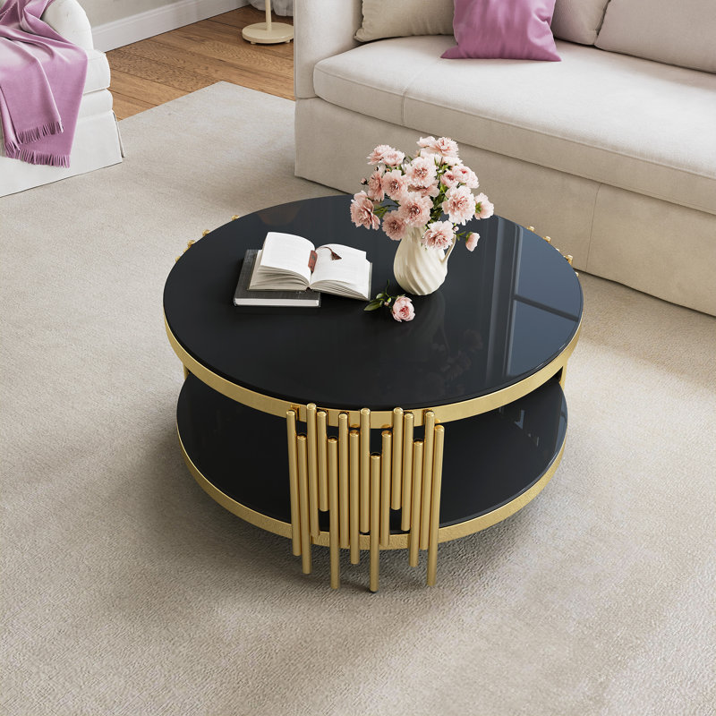 Bordeaux 35.43" Two-Layer Mirror Glass Top Single Coffee Table, Black Top/Gold Base