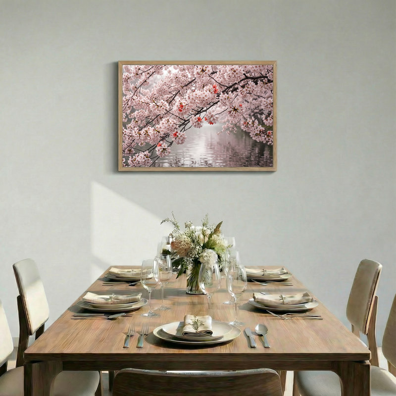Art mural sur toile de fleurs de cerisier rose sur un lac, H 24 po x l 36 po