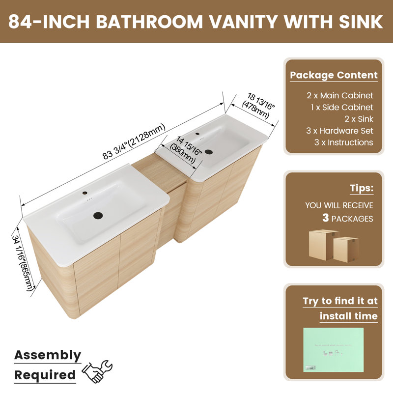 Meuble-lavabo autoportant double 84 po avec plateau en céramique Tiearra, White Oak, 84"