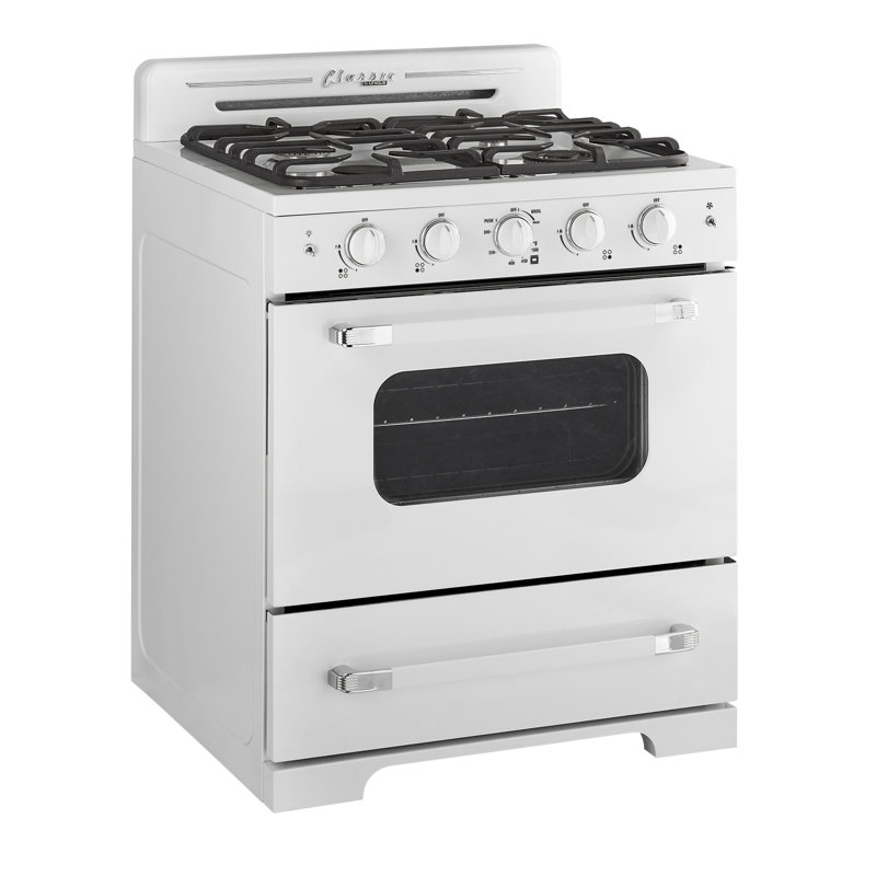Cuisinière au gaz autoportante 30 po à 4 brûleurs avec four à convection 30 po Classic Retro, Blanc guimauve